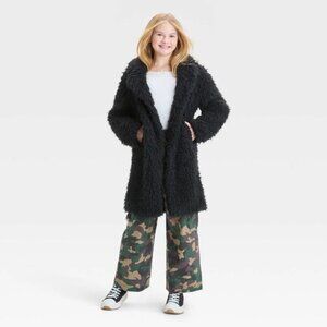 NWT Art Class Girl's Black Long Sleeves Notched Collar Button Faux Fur Jacket